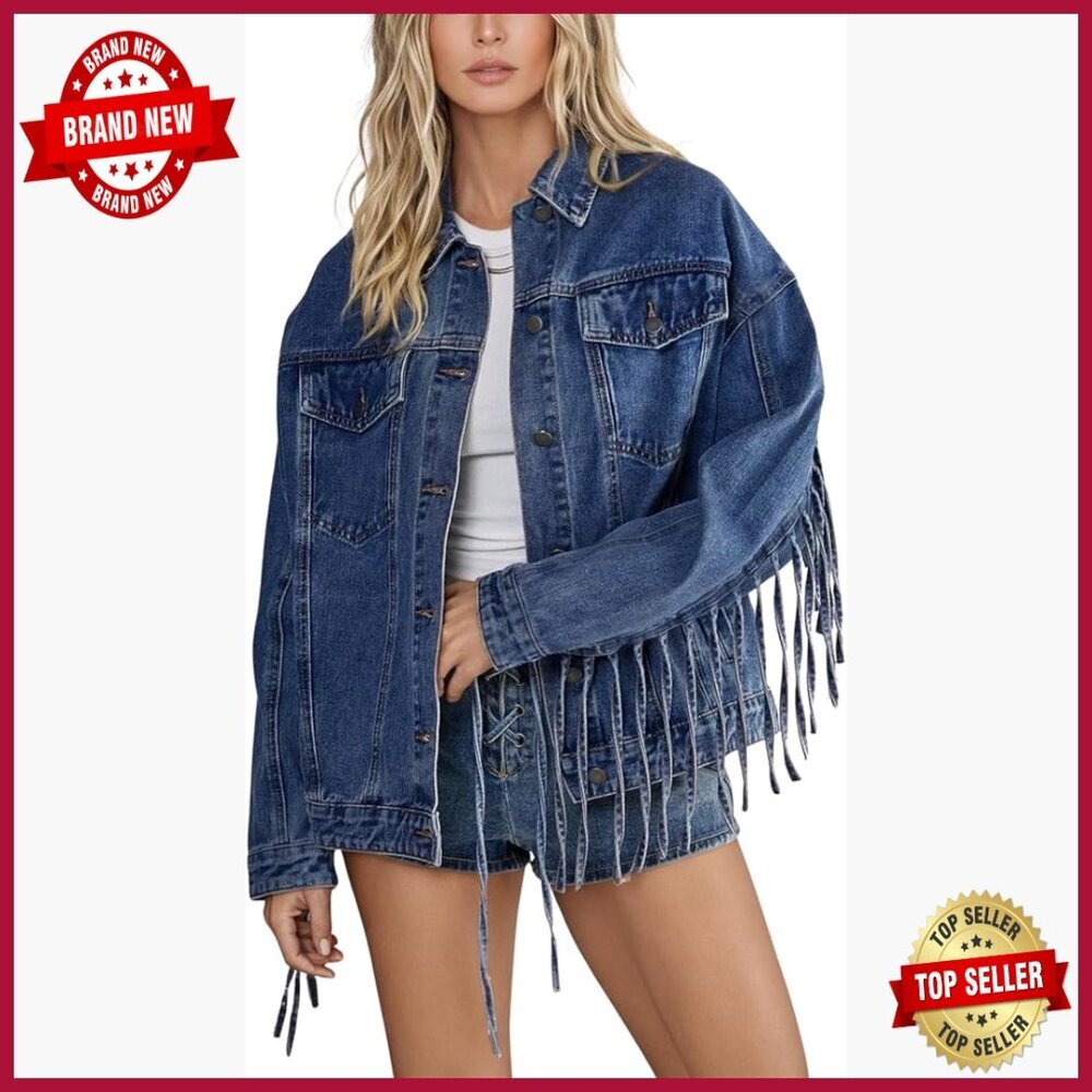 Oversized Denim Jacket with Fringe Tassels Western Style Loose Fit